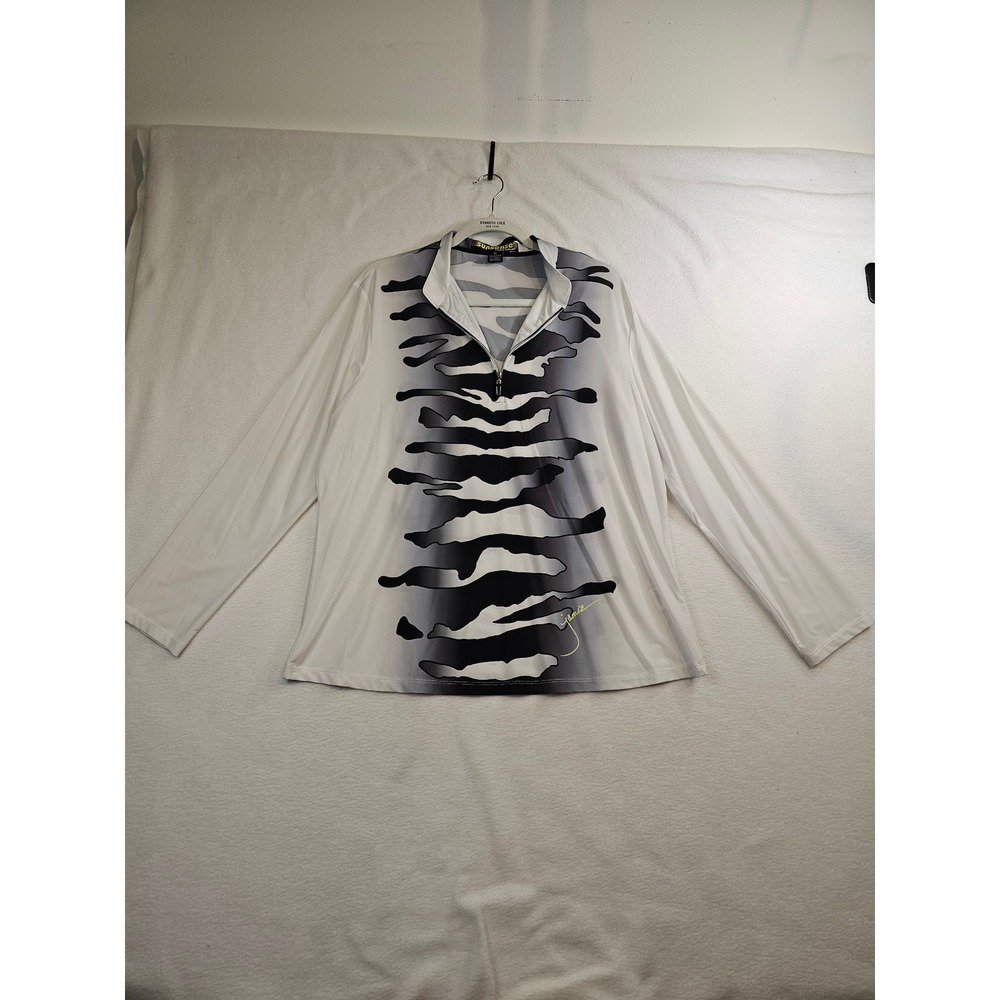 Jamie Sadock Sunsense Top XL White Black Zebra Print Quarter Zip Long Sleeve